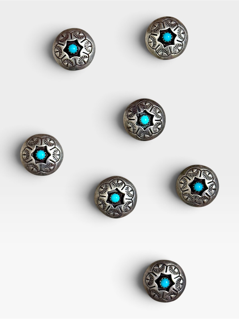 VTG Sterling Silver & Turquoise Native Western Concho Button Covers, Set (7)